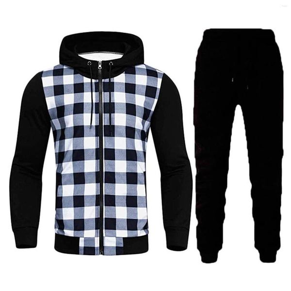 Survêtements pour hommes Hommes Assortiment Set Plaid Color Block Manches longues Zip Up Veste à capuche Manteau Cordon Pantalon Deux pièces Streetwear Tenues masculines