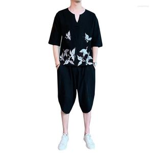 Tracksuits voor heren 18 patronen M-5xl 2022 Zomer Chinese stijl Retro-gedrukte heren Suite mouwen Pak 2 stuks Sets Katoen en Linnen