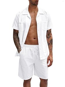 Agasalhos masculinos masculinos 2 peças roupas casuais de linho verão praia combinando camisa de manga curta com botão para baixo terno shorts com cordão