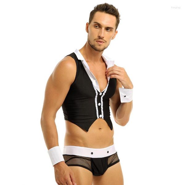 Chándales para hombres Hombres 5pcs para hombre Sexy Maid Juego de roles Trajes Tops Tops Boxer Ropa interior con cuello Esposas Lencería Set Coustume