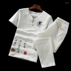 Tracksuits voor heren heren Chinese stijl mannen korte mouw t -shirt en enkel lengte broek marineblauw wit grijze zomerheren twee stuk