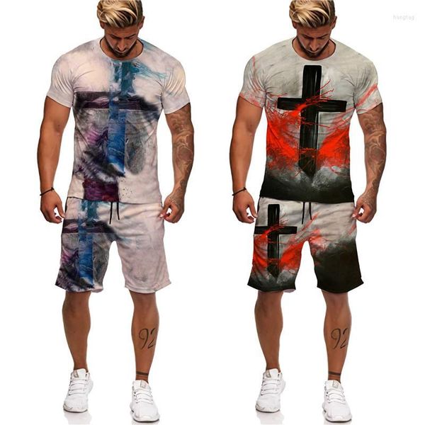Survêtements pour hommes Imprimé croisé pour hommes Costume d'été pour hommes Mode T-shirt Shorts Sportswear Ensemble 2 pièces O Neck Oversize Casual