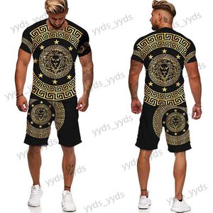 Survêtements pour hommes T-shirt de sport de mode pour hommes avec tête de lion créative dorée impression 3D été surdimensionné plage 2 pièces ensemble vêtements pour hommes T240124