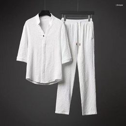 Survêtements pour hommes Hommes 2 pièces Ensemble d'été blanc mince rides glace soie demi-manche t-shirt et pantalon costume plus taille 5XL