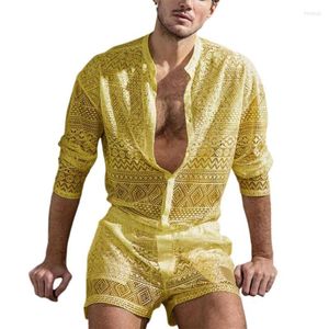 Survêtements pour hommes Ropa Hombre Automne 1 Set Hommes Top Shorts Creux Out Couleur Solide Dentelle Voir à travers la tenue pour la nuit de mariage Hommes