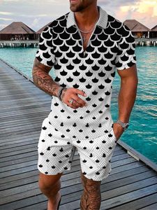 Survêtements pour hommes Costume pour hommes 3D Black Dot Print Summer Polo à manches courtes Shorts Survêtements Fashion Zipper Polo Shirt Two Piece Set 230519