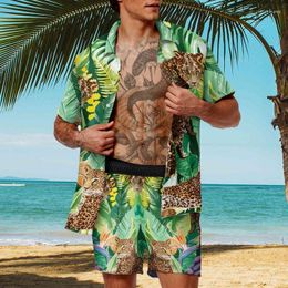 Survêtements pour hommes Hommes d'été Hommes Hawaïens Ensembles Léopard Imprimer Manches courtes Bouton Chemise Beach Shorts Vacances Maillot de bain Voyage Mens Deux