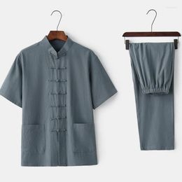 Survêtements pour hommes Hommes d'été Hommes ShirtPant Chinois Mandarin Collier Tai Chi Tang Costume Traditionnel Simple Boutonnage Ensemble Plus Taille 3XL
