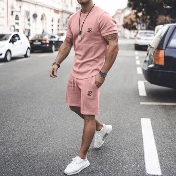 Chándales para hombres Verano para hombres Sik Seda Impresión Tendencia Calle Moda Casual Pantalones cortos delgados Conjunto de algodón Camiseta de manga corta