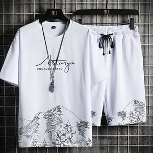 Chándales para hombre, camiseta para hombre, conjunto de pantalones cortos, camiseta informal transpirable de verano, conjunto para correr, traje deportivo con estampado Harajuku a la moda para hombre 230619