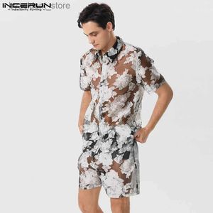 Men's tracksuits Men stelt Jacquard Mesh transparante revers shirt shirt shorts met korte mouwen 2pcs streetwear 2023 Summer Fashion Men Suits S-5XL L240320