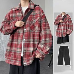 Heren Tracksuits Men Sets Streetwear 2023 Autumn and Spring mannelijke geruite revers Reval Shirt broek 2 pc's Pakken Koreaanse mode N04
