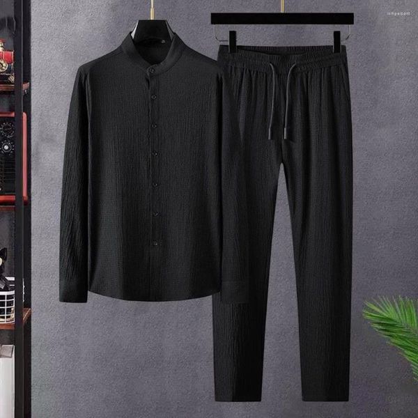 Chándales para hombres Camisa para hombres Conjunto de pantalones Cintura elástica Pierna ancha de un solo pecho Delgado Suave Casual Manga larga Otoño Primavera Top Pantalones