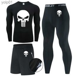 Survêtements pour hommes Hommes Skull 3 PC Ensemble de sous-vêtements Compression Entraînement Sports Running MMA Vêtements Top T-shirt + Leggings Gym Jogging Fitness SuitsL231016