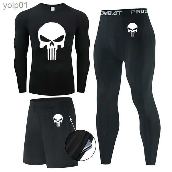 Chándales para hombres Hombres Skull 3 PC Conjunto de ropa interior Compresión Entrenamiento Deportes Correr Ropa MMA Top Camiseta + Leggings Gimnasio Correr Trajes de fitnessL231016