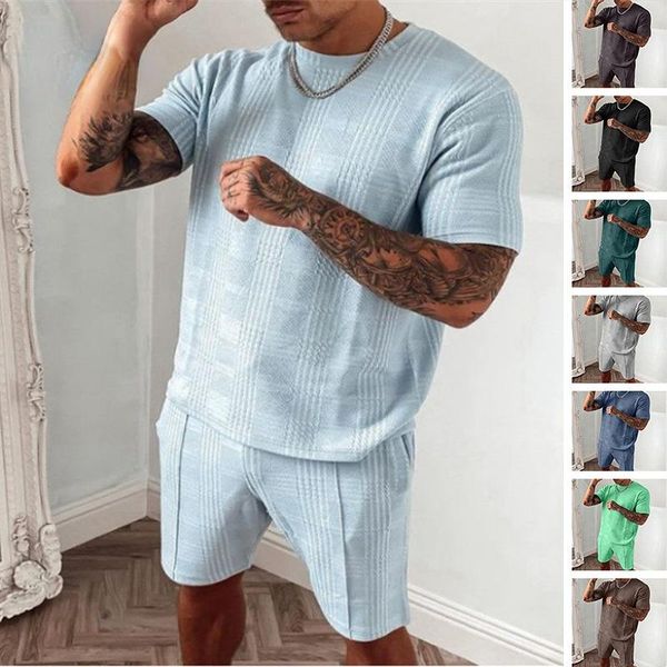 Chándales para hombre, traje deportivo para hombre, Color sólido, suelto, de verano, de manga corta, cuello redondo, camiseta, pantalones cortos rectos de cintura media, traje de 2 piezas para hombre