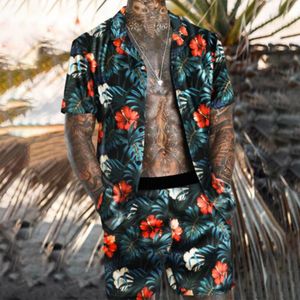 Chándales de los hombres Hombres Primavera Verano Traje de 2 piezas Playa Impreso Camisa de manga corta Conjunto Blusa superior Pantalón elegante Verde Rojo Negro OutfitMen's