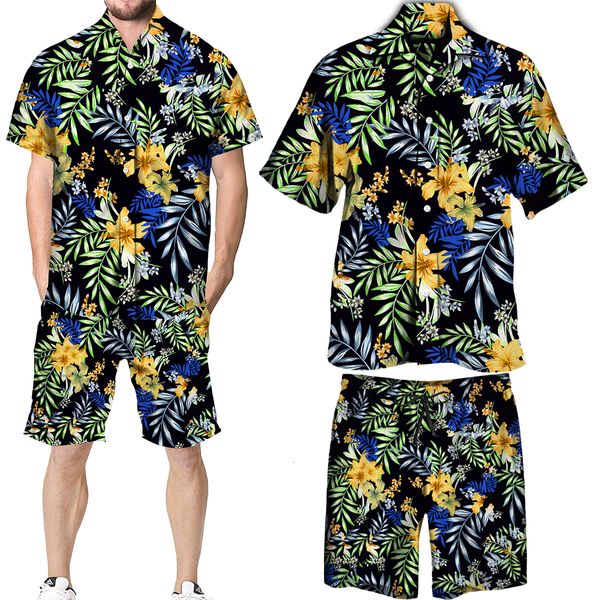 Survêtements pour hommes Hommes Été Beachwear Mode Plantes Tropicales Imprimé Deux Pièces Ensembles À Manches Courtes Chemise Shorts Costumes Hawaiian Casual Male Outfit 230613