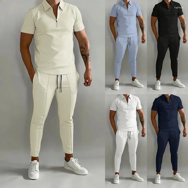 Chándales para hombres Hombres Marca de verano Chándal Moda Turn Down Collar Cremallera Camiseta Larga Deportes Traje de jogging Casual Elegante Sweatersuit Set