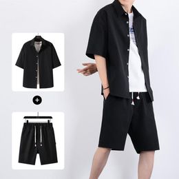 Chándales de los hombres Camisa de manga corta de verano para hombres Conjunto de pantalones cortos con cordón Tops de cuello vuelto de un solo pecho con pantalones Ropa casual sueltaM