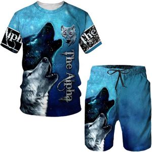 Tracksuits voor heren heren t-shirts set dier de wolf print letter shorts tracksuit 2-delige outfits zomer extra grote man kleding mode strtwear t240505