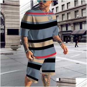 Survêtements pour hommes Hommes Survêtement 3D Vêtements respirants imprimés Summer Stripe Series T-shirt 2 pièces Ensembles Jogging Costume à manches courtes 6XL Dhfax