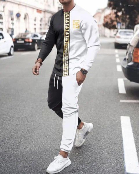 Chándales para hombres Conjunto de chándal para hombres Impresión de lujo Camiseta de manga larga Pantalones 2 piezas Traje casual blanco y negro Cool Streetwear de gran tamaño