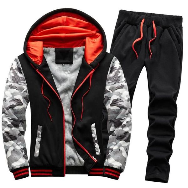 Chándales para hombres Hombres Chándal Ropa de invierno 2 PCS Conjunto Sudaderas con capucha y pantalones Hombre Forrado de piel Ropa de gimnasio caliente Traje de jogging Sweats218S