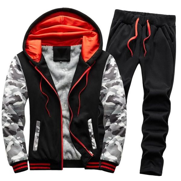 Chándales para hombres Hombres Chándal Ropa de invierno 2 PCS Conjunto Sudaderas con capucha y pantalones Hombre Forrado de piel Ropa de gimnasio caliente Traje de jogging Sweats282f