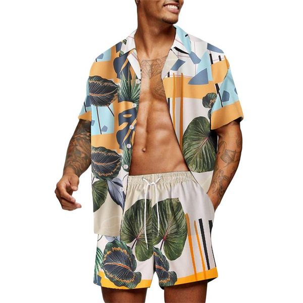 Chándales para hombre, conjunto de pantalones cortos de dos piezas para hombre, camisa de manga corta con estampado de hojas verdes y naranjas y ropa de playa de verano, conjunto informal para hombre