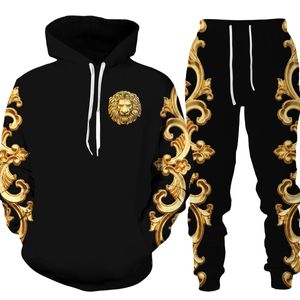 Chándales para hombres Hombres Mujeres Patrón dorado Cabeza de león Impreso con capucha / Pantalones / Traje Gráfico Sudadera con capucha de gran tamaño Pantalones Chándal Ropa para hombre Chandal 221129