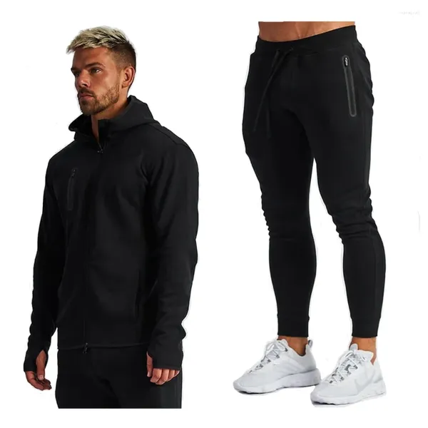 Survêtements pour hommes Ensembles d'entraînement en coton pour hommes Kits de gymnastique Sportswear Zipper Sweat à capuche Sports à capuche Noir Costumes de jogging Sweat-shirt de course Pantalon de survêtement