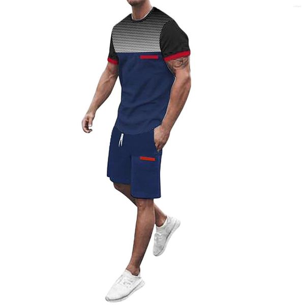 Chándales para hombre Moda para hombre Camiseta de manga corta y pantalones cortos Conjunto de verano 2 piezas Traje de solapa de metal simple Escudo Entrenamiento de cuerpo completo Hombres 007