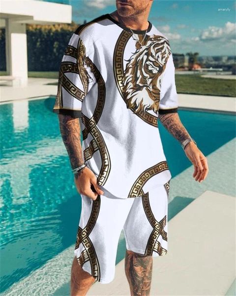 Chándales para hombres Chándal de moda para hombre Traje de 2 piezas Traje 3D Tigre Impreso Tendencia de verano Ropa deportiva Ropa de manga corta Trotar de gran tamaño