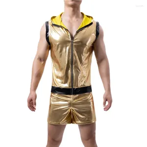 Costumes pour hommes Hommes Gold PU Cuir Gilet à capuche Sexy Latex Débardeurs Boxer Shorts Sous-vêtements Stage Party Clubwear Hommes Vêtements Ensemble