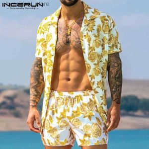 Parcours masculin Mens Hawaii Set Imprimé 2023 Summer à manches courtes Bouton de plage Shirt Casual Mens Set 2 pièces S-3XL L240320