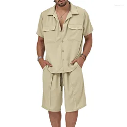 Chándales para hombres Conjuntos sueltos para hombre Estilo casual Camisa de bolsillo Traje de manga corta Cuello cubano de verano