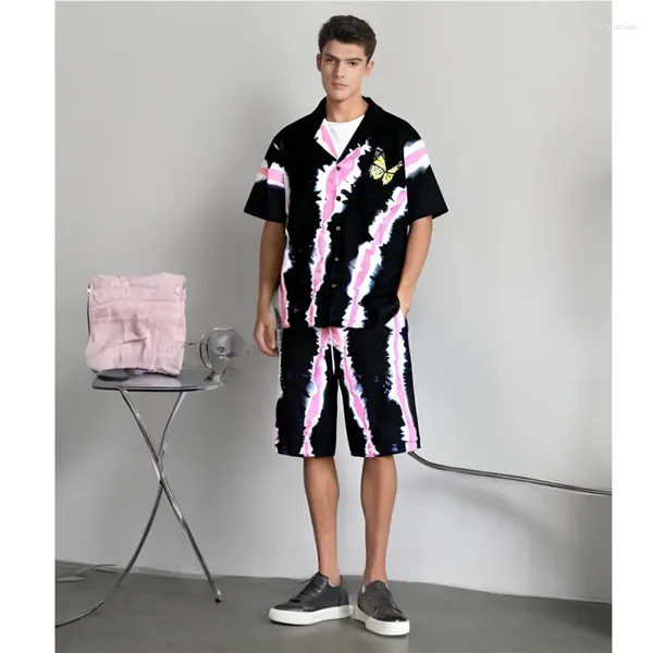 Suits-survêtement masculins pour hommes de luxe et chemises à rayures roses noires et shorts 2 pièces Printfly imprimé baroque bouton