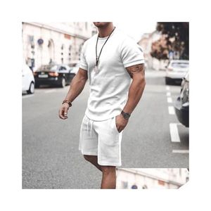 Survêtements pour hommes Hommes Vêtements pour hommes T-shirt Costumes Shorts et T-shirt Ensemble de couleur unie Col ras du cou Dstring 2 pièces Designer de vêtements Spor Dh3zc