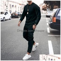 Survêtements pour hommes Hommes Hommes Pantalons de loisirs Ensemble T-shirt à manches longues Couleur unie Sportswear Marque Vêtements 2 pièces Ensembles Drop Delivery App Dhcap