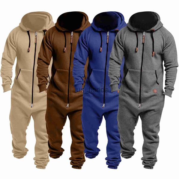 Survêtements pour hommes Hommes Onesie Combinaison Pyjamas À Manches Longues Pantalon De Survêtement Pure Couleur Épissage Automne Hiver Casual Sweat À Capuche Mâle Fermeture À Glissière Combinaison D'entraînement J231111