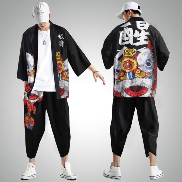 Chándales de hombre Traje estampado para hombre Ocio urbano Relajado Antiguo Impresión digital Kimono Cassock Cardigan Camisa Pantalones Chaqueta de cóctelHombres