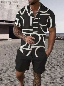 Survêtements pour hommes Ensemble de chemise pour hommes 3D imprimé rétro rayures florales à manches courtes décontracté surdimensionné short de plage vêtements de rue d'été ensemble hawaïen Q240314