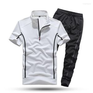 Survêtements pour hommes ensemble de vêtements de sport pour hommes tenue été deux pièces t-shirt haut pantalon solide extensible respirant survêtement mâle noir gris