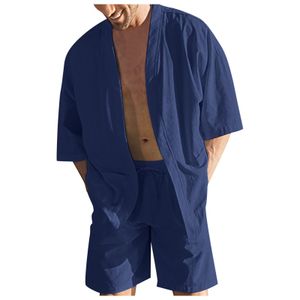 Tracksuits voor heren heren lente en zomer strand vakantie vaste kleur korte mouwen korte mouwen shorts katoen en linnen pak tweedelige formele kledingpakken voor mannen 230313