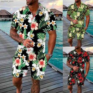 Survêtements pour hommes Hommes Printemps / Été Loisirs Sports Hawaiian Beach Style Spliced Stripe Imprimé Chemise à manches courtes et pantalon Deux pièces Ensemble Manteau Q240314