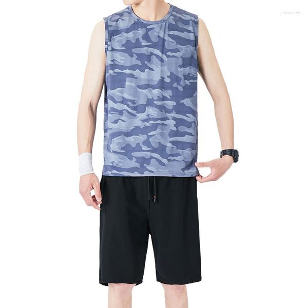 Survêtements pour hommes Mens Summer Casual Undershirt T-shirt sans manches Sports masculins Deux pièces Fashion Ice Silk Quick Dry Youth Camouflage Tops