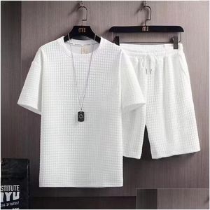Suits-survêtement masculins pour hommes sets d'été coréens mode 2 pièces Vêtements décontractés joggeurs plaid t-shirts