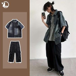 Survêtements pour hommes Hommes Summer Street Set Color Block Lavé Demi-manches Denim Chemise Japonais Cordon Cargo Pantalon 2 pièces Mode Casual