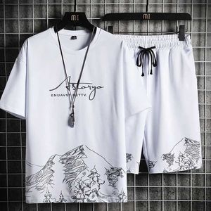 Heren trainingspakken Heren T-shirt + shorts set zomer ademend casual T-shirt hardloopset modieus Harajuku bedrukt heren sportkleding 2023 nieuw model J240305